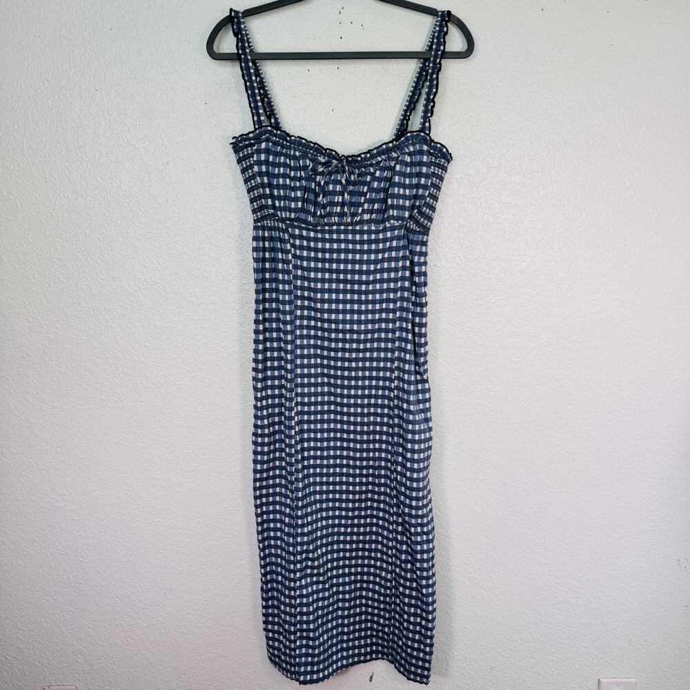 Free People Lucinda Midi Dress Womens XL Indigo Gingham Smocked Lace Up Back